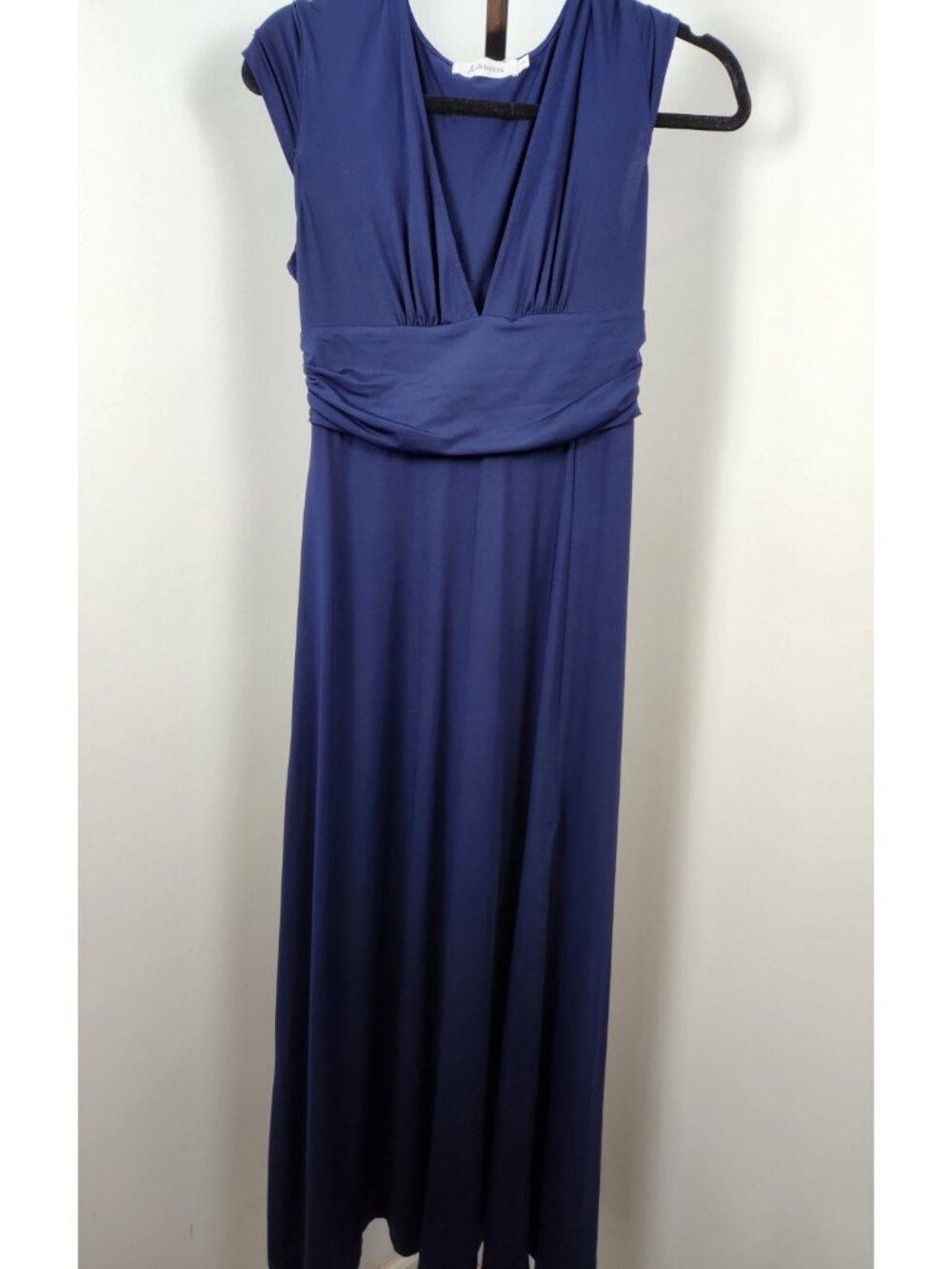 Anrabess Smocked Sleevless V-neck Blue Dress-SZ Small